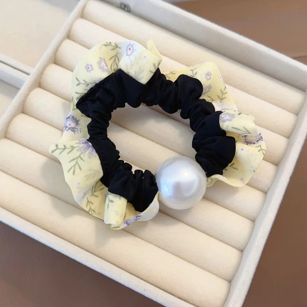 【七月】系列新款韩系轻奢时尚黄色花边珠珠发圈1614