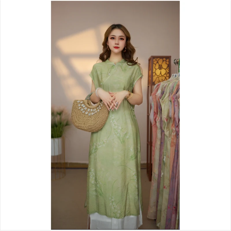 玺麻【绿竹花】月亮袖223新款夏季女装连衣裙新中式气质百搭显瘦