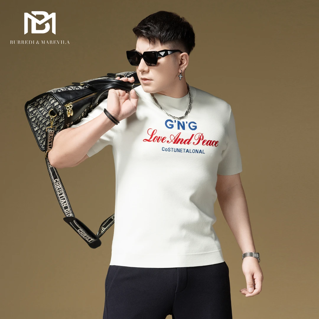 BM撞色字母提花高端针织衫男短袖毛衣潮牌休闲早秋男装2025新款