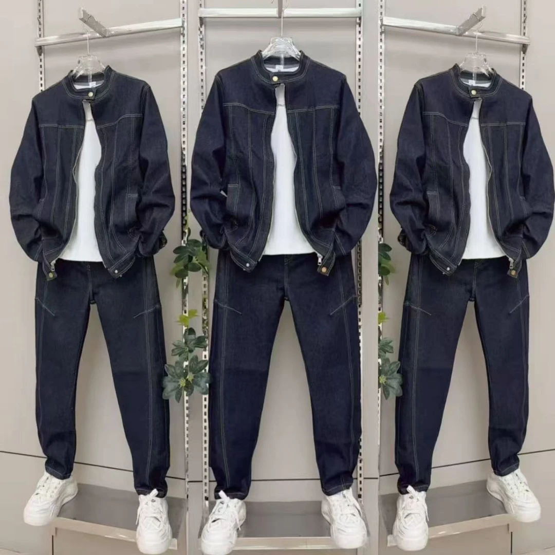 秋季潮牌复古水洗牛仔套装男士立领夹克外套休闲弯刀牛仔裤两件套