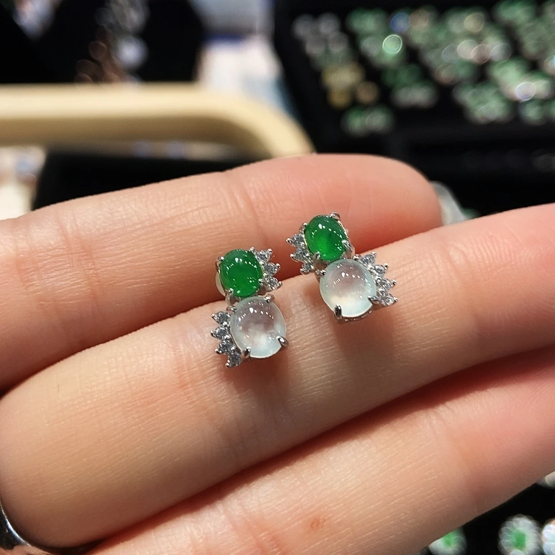 翡翠银S925镶嵌耳饰天然缅甸