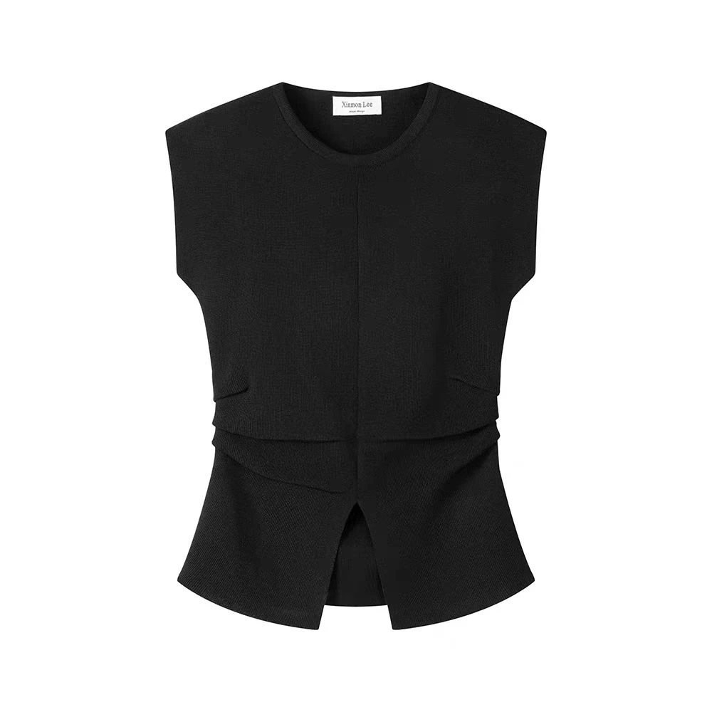 【慢慢】夏季新款高级圆领开叉坎肩针织两边抽褶收腰修身77S-4