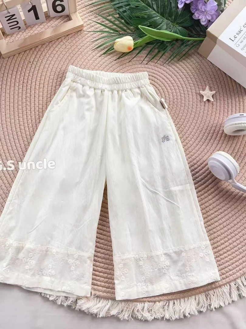 【清甜女孩】H25180女童小花刺绣凉爽透气蕾丝九分休闲裤百搭韩版