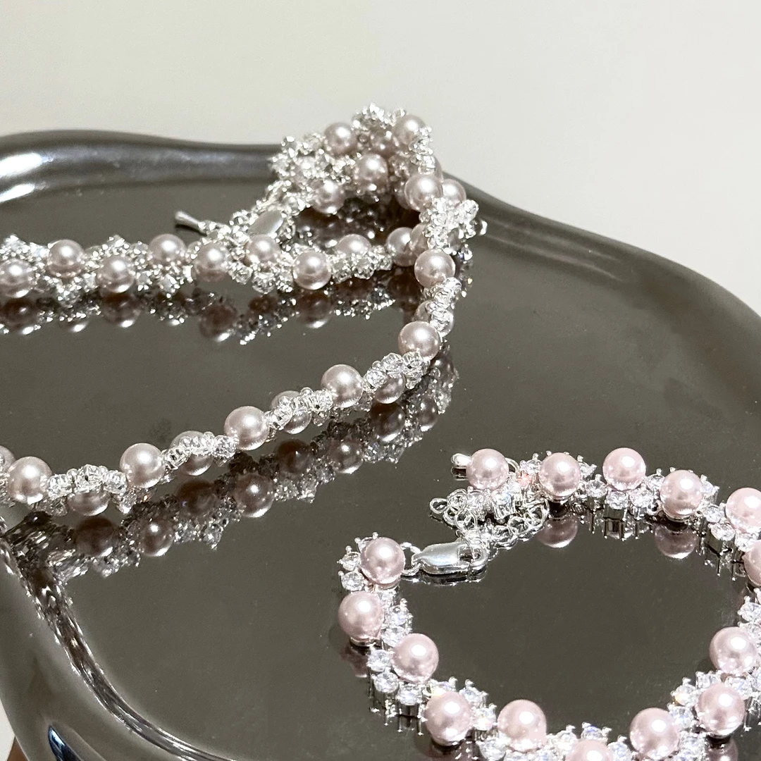 合金项链 【17SR】满天星爆闪法式淡粉项链手链轻奢气质