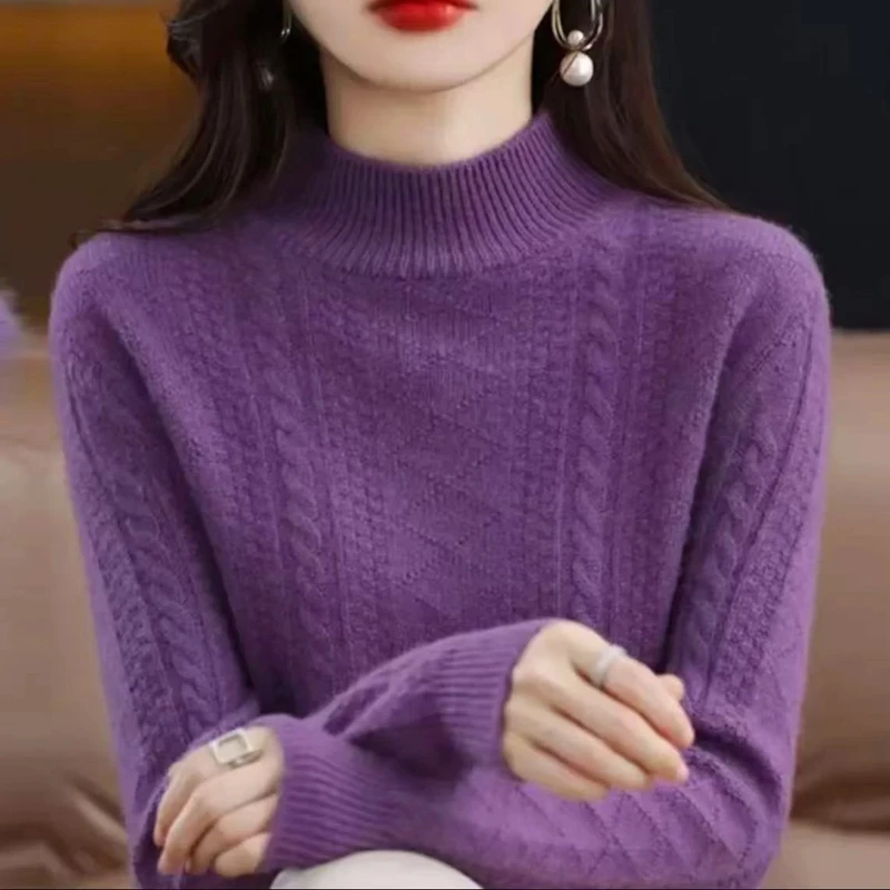 2024新款半高领羊毛衫女秋冬套头毛衣百搭宽松加厚羊毛打底衫BB