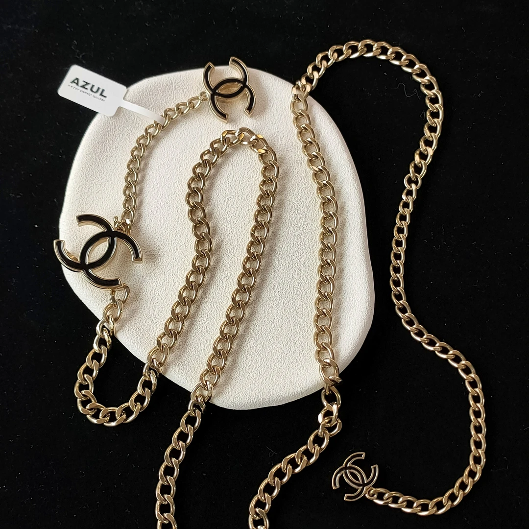 95新 Chanel/香奈儿 Azul-10V黑金珐琅双C扣腰链49268