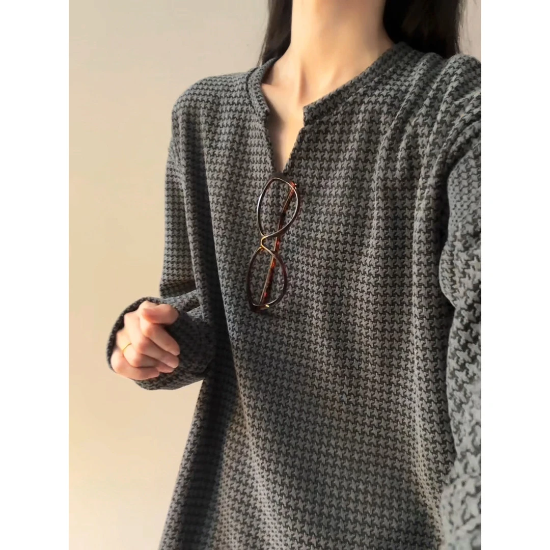 千鸟格小香风V领长袖T恤男秋季高级感无帽外套cleanfit肌理感卫衣