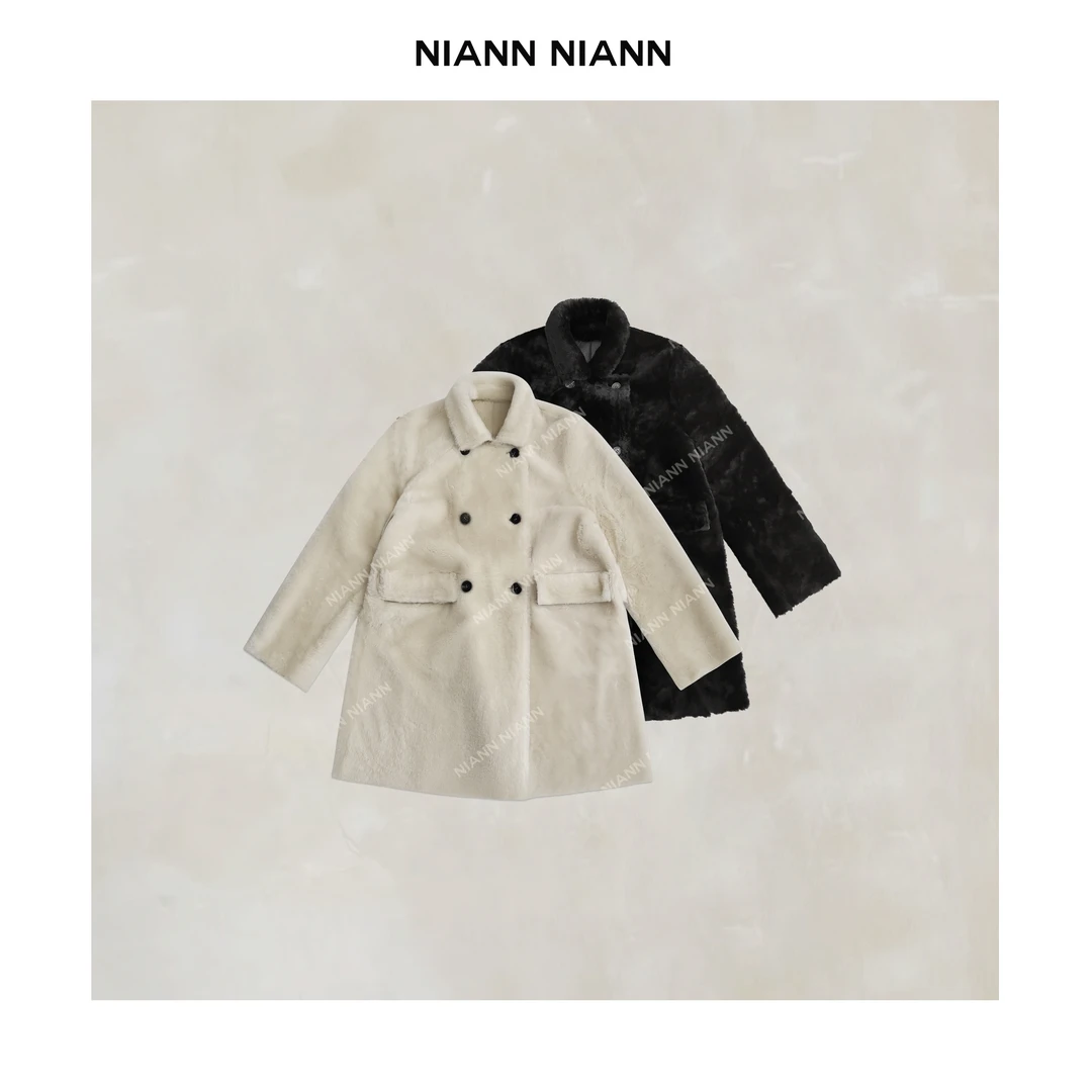 NiannNiann 新品女装复古长款双排扣美利奴收官皮毛一体15129