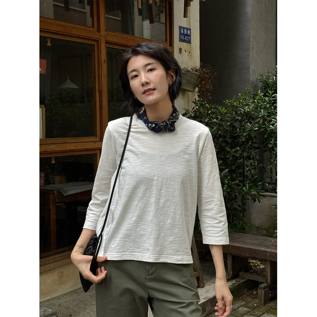 LANGQING 白色七分袖夏季薄款修身显瘦简约纯棉休闲T恤45062#