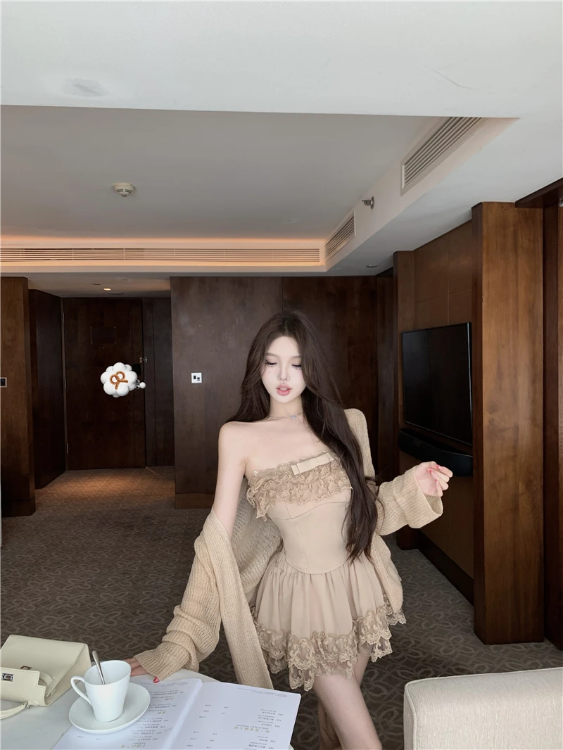 法式蕾丝花边修身显瘦一字肩上衣蛋糕A字半裙套装女针织毛衣开衫