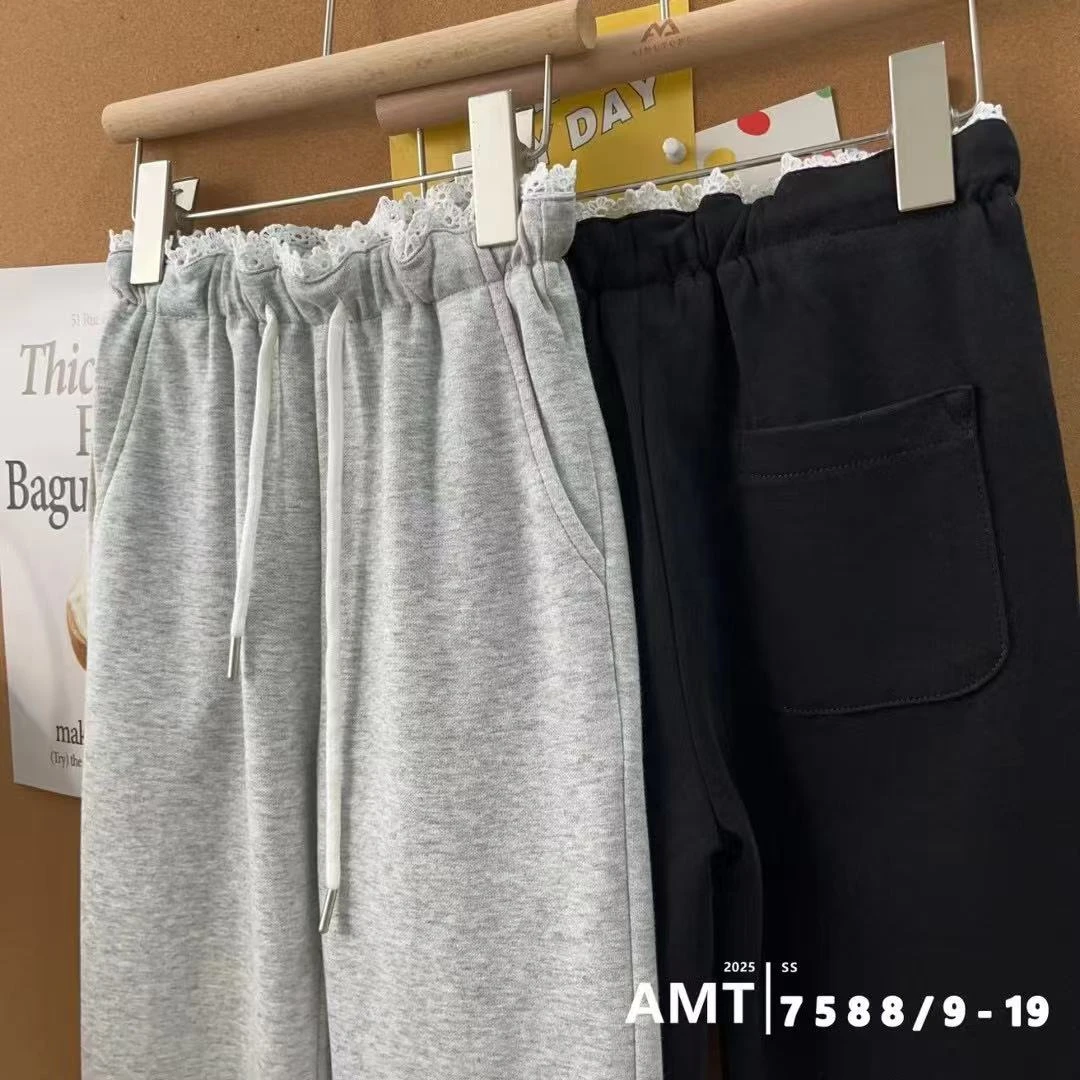 2025春『7A抗菌』儿童弹力透气蕾丝边百搭微喇裤时尚休闲裤7588