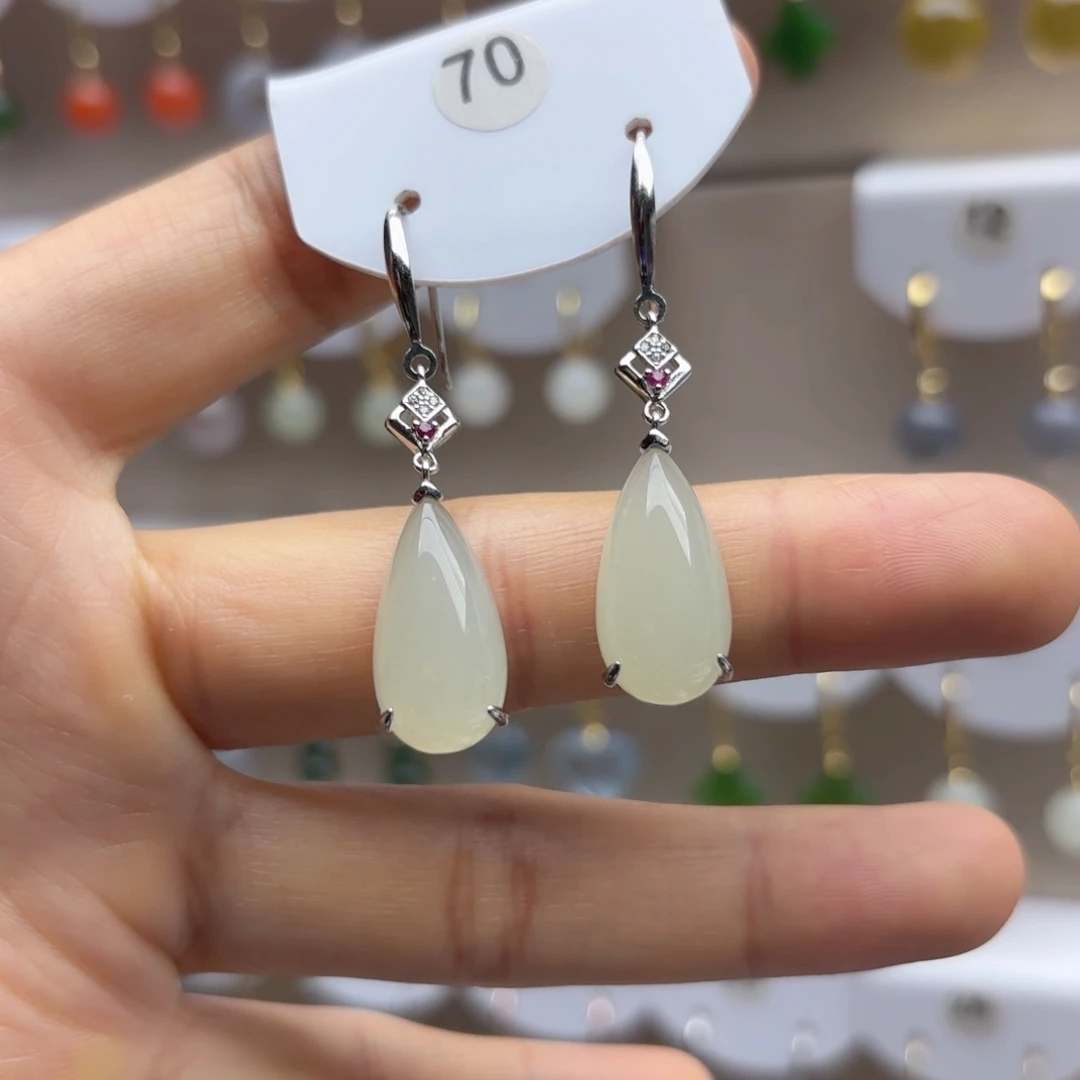 和田玉银S925镶嵌耳饰