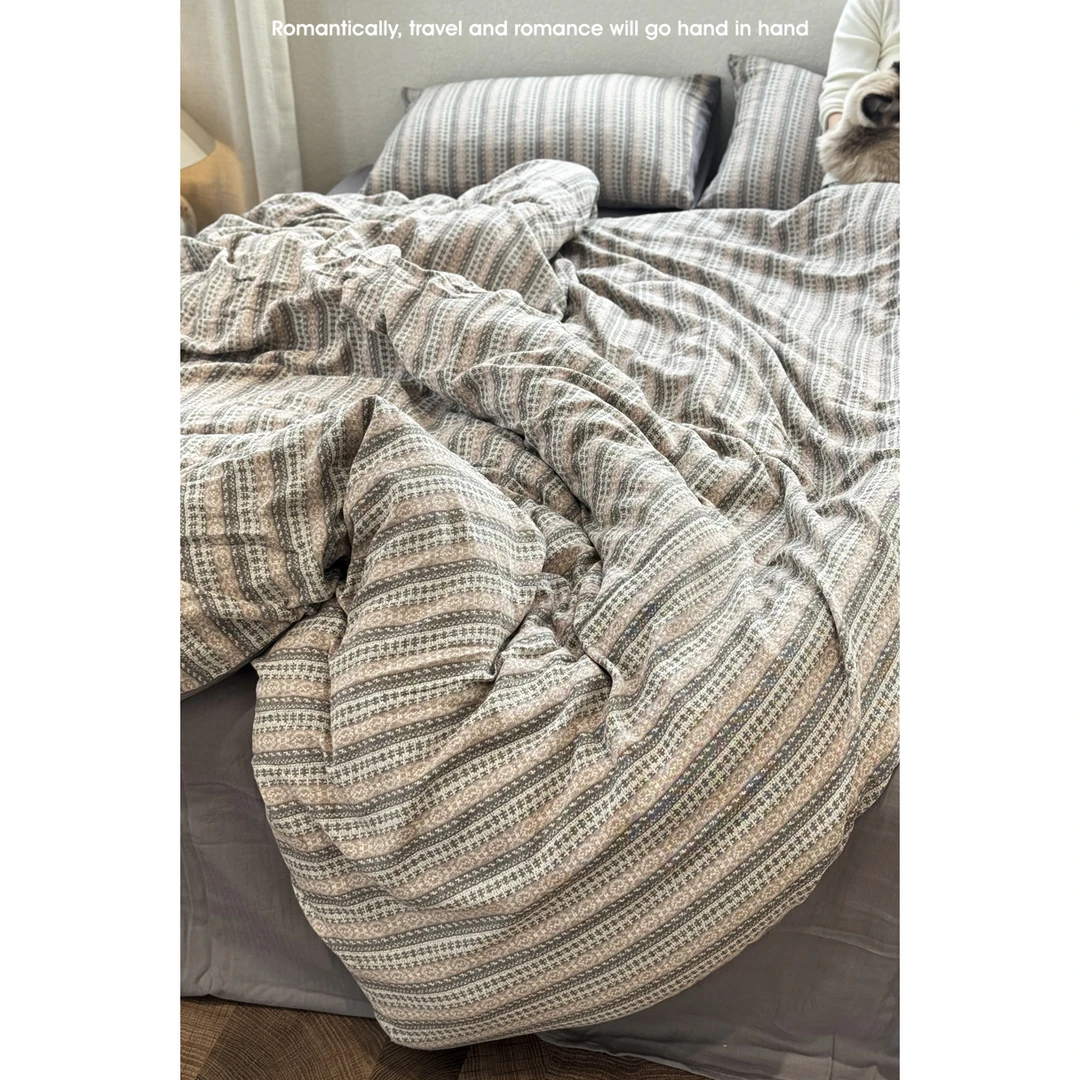 雅致格纹-灰 棉麻四件套