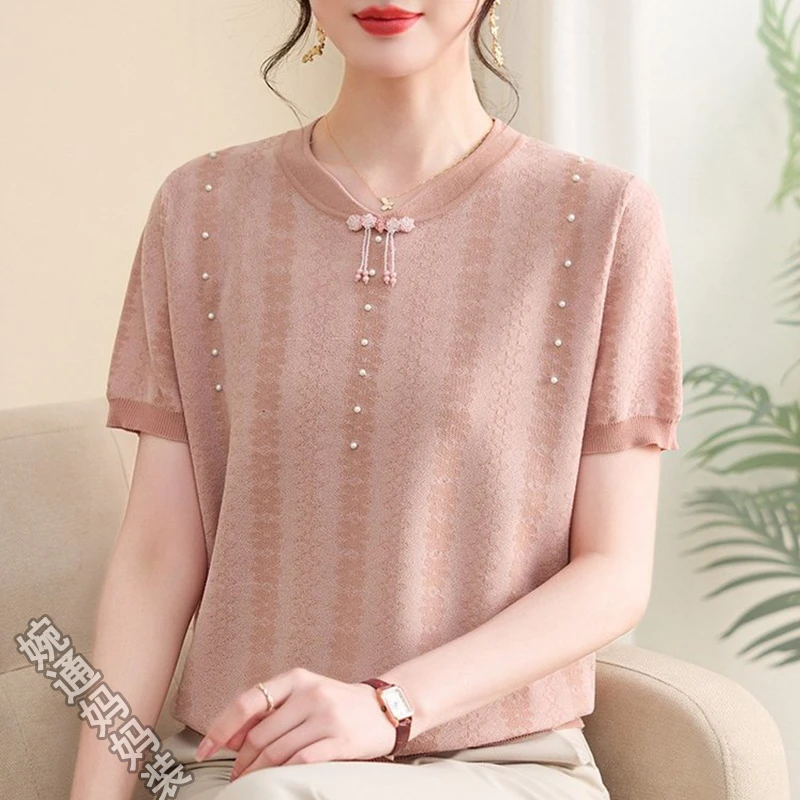妈妈装夏季冰丝凉感气质小衫减龄透气针织上衣短袖中老年女T恤薄