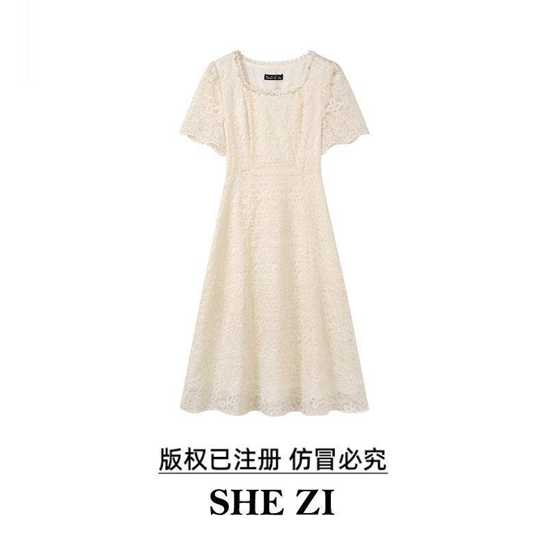 奢姿【小香花韵】大码女装显瘦时尚气质小香蕾丝花边镂空刺绣连衣裙