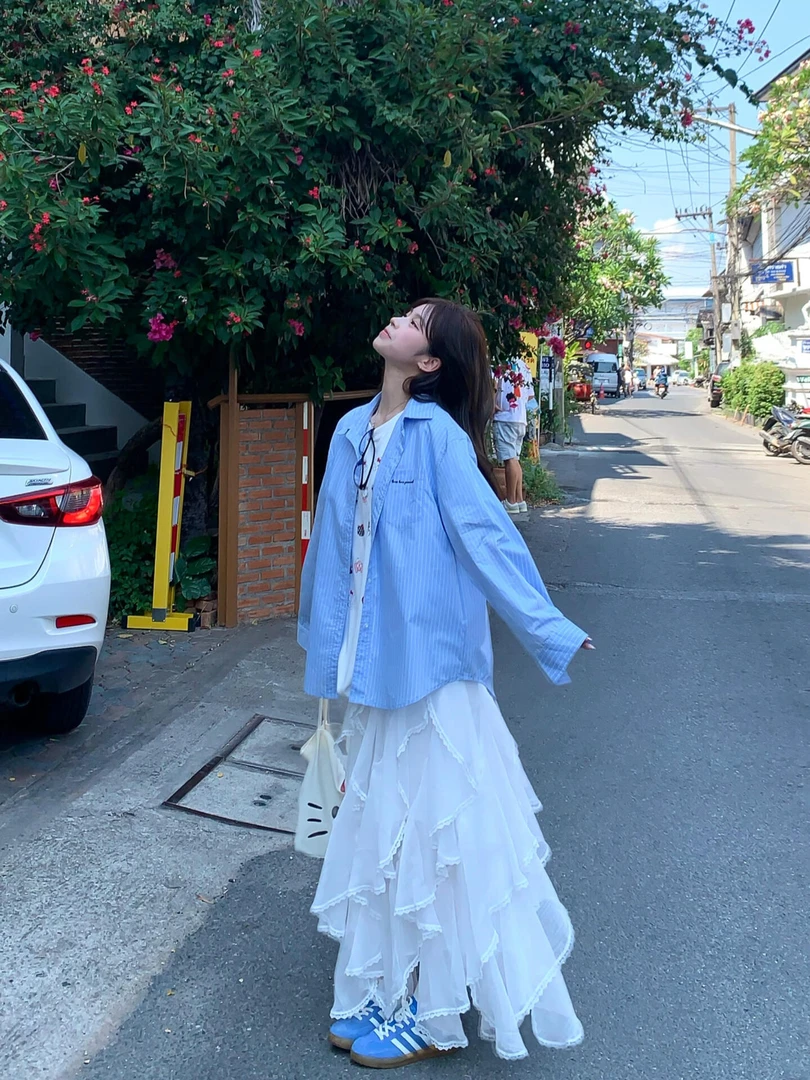 2025新款夏季穿搭一整套韩系蓝色衬衫女百搭荷叶边半身裙两件套装