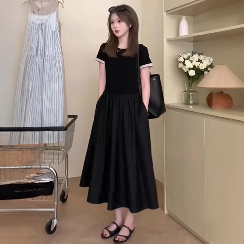 极简风气质拼接连衣裙收腰显瘦设计感休闲中长裙小黑裙女
