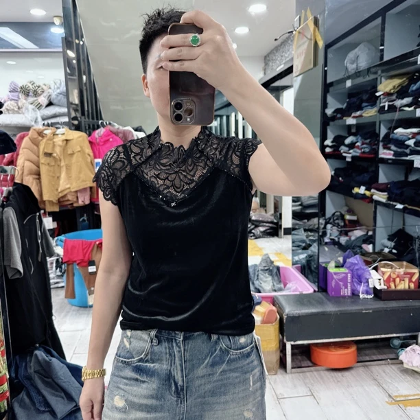 新款高级轻丝绒拼蕾丝领2款上衣502/8885