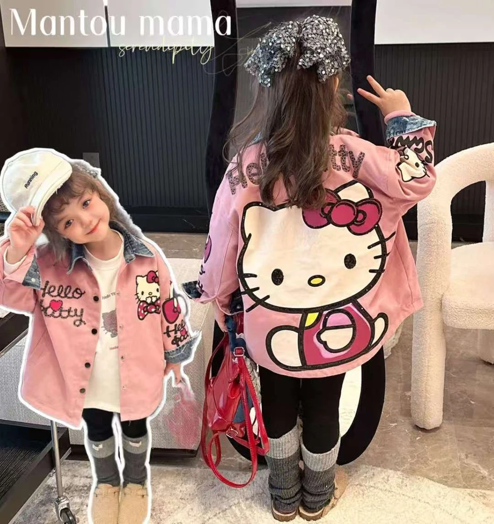 正版女童休闲牛仔外套卡通KT猫加绒秋季新款儿童韩版百搭长袖上衣