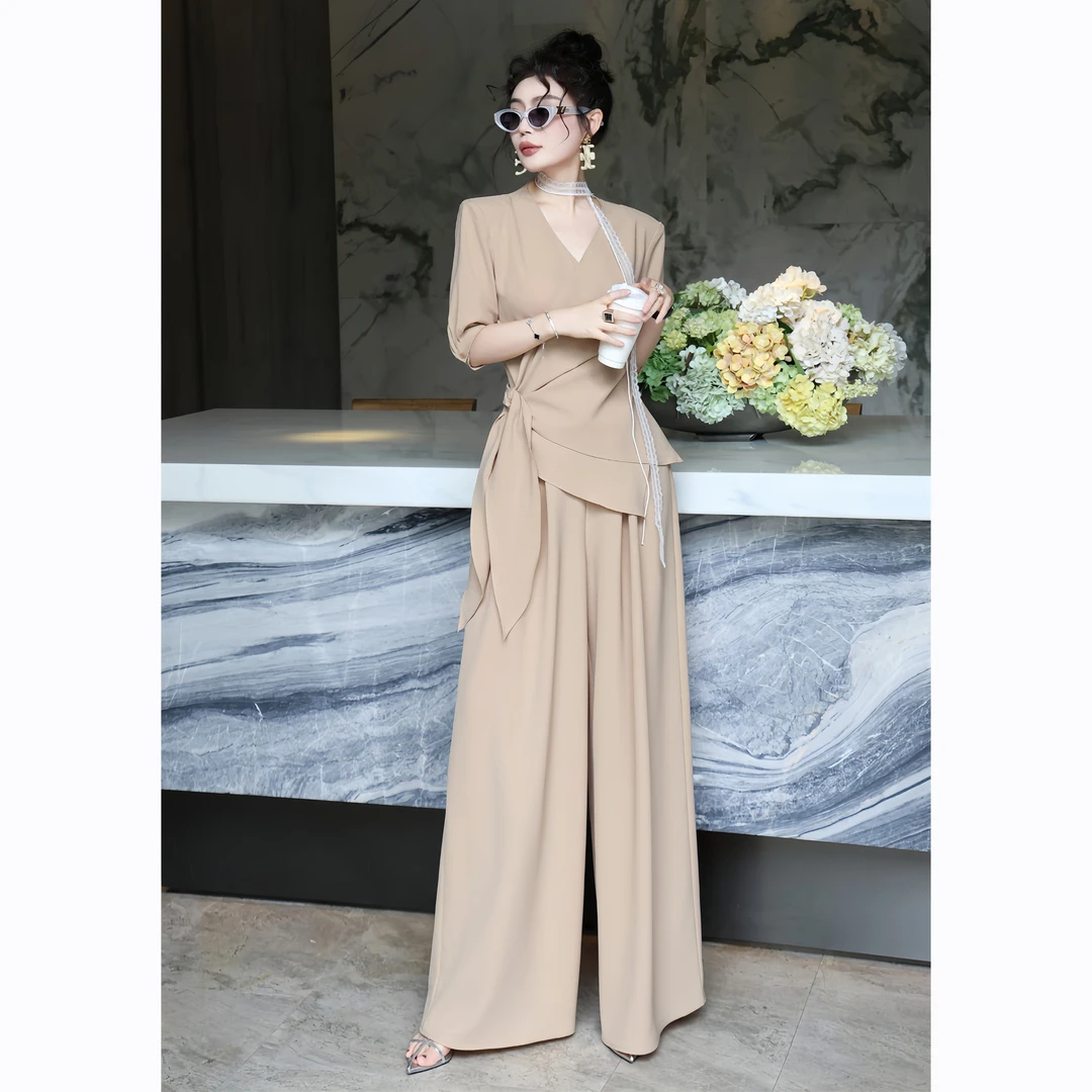 大码胖mm洋气时尚套装夏季新款气质V领绑带上衣高腰阔腿裤两件套