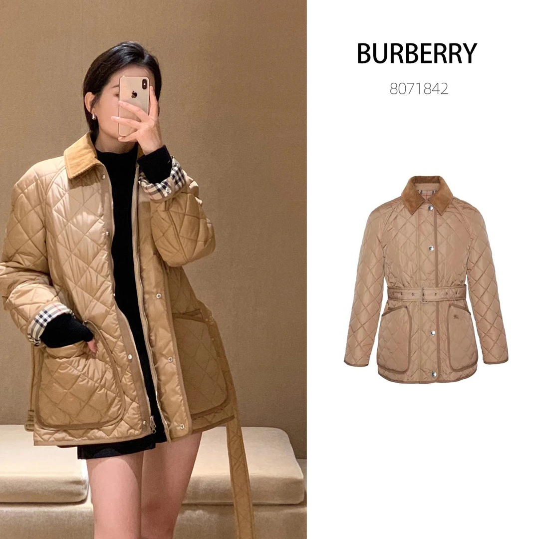 全新未使用 BURBERRY/博柏利 菱形绗缝尼龙中长款棉服卡其色女款