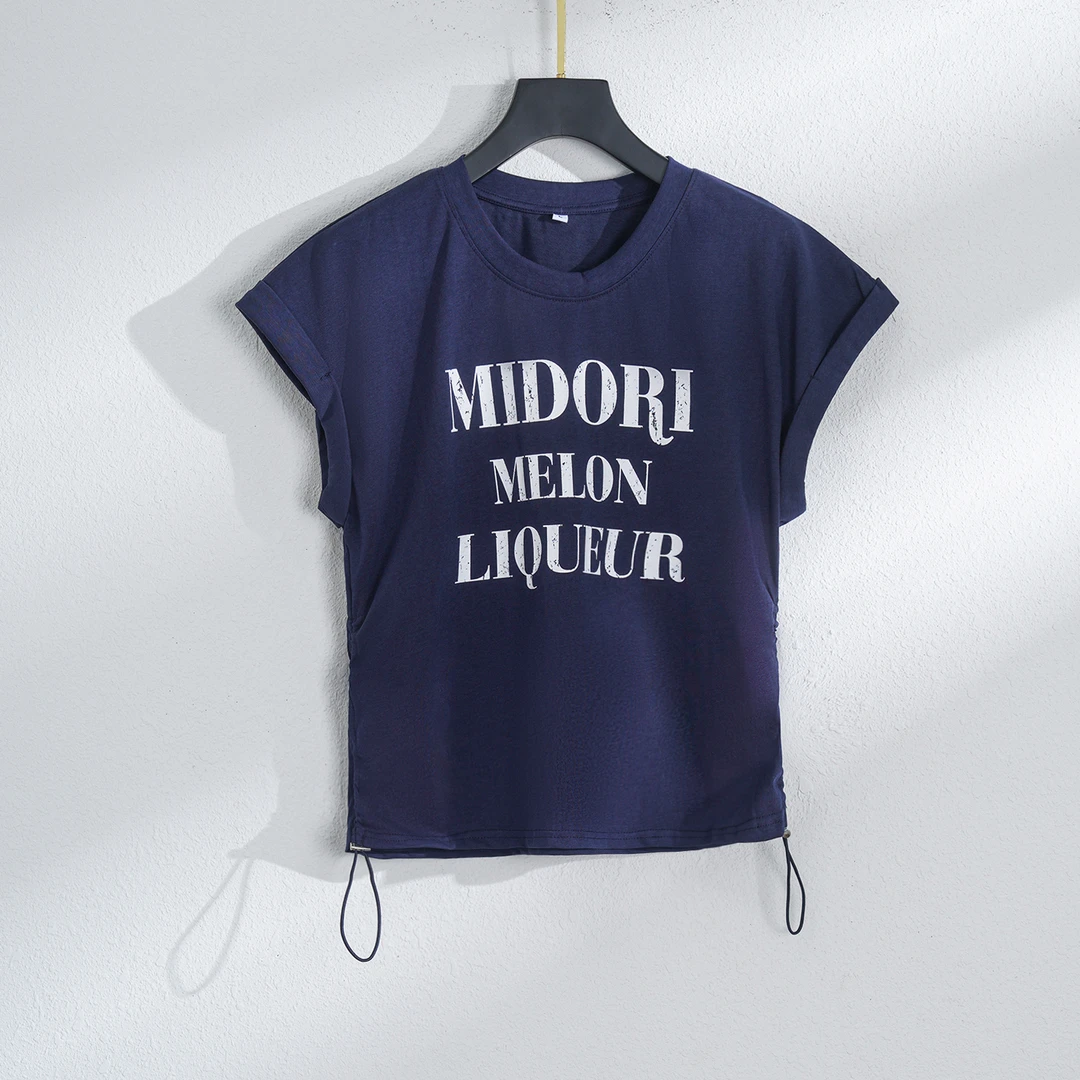 【夏季新款】韩版时尚圆领字母抽绳显瘦休闲百搭T恤CS6537 衣长55