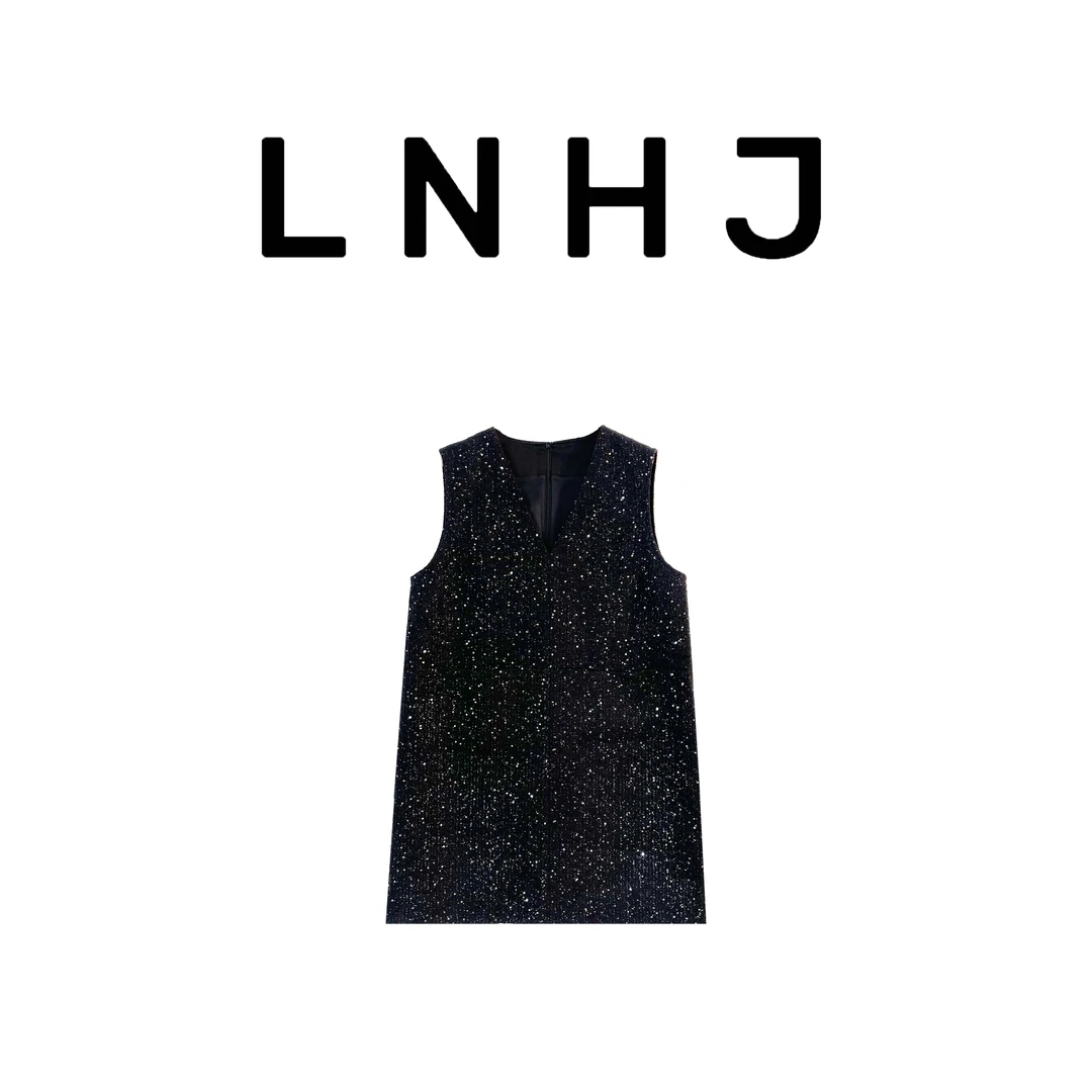 LNHJ【耀黑】法式时尚高级感圆领亮片无袖背心裙（套洗衣袋可机洗）
