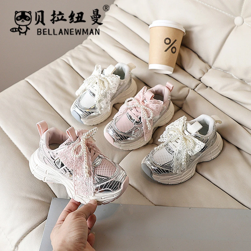 女童蕾丝蝴蝶结2025春秋新款公主时尚轻便软底网面韩版儿童跑步鞋