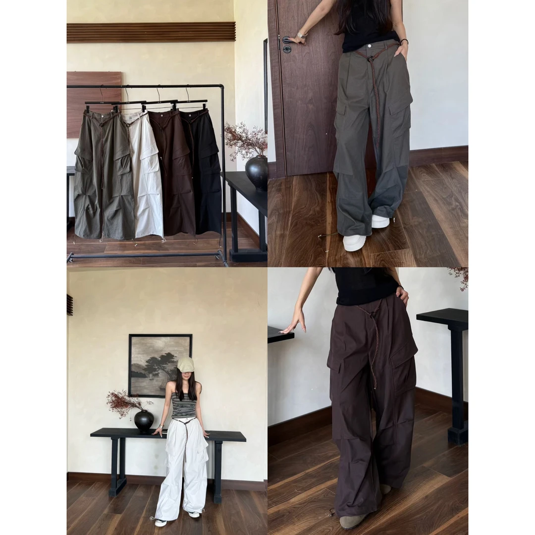 Tina小辣椒-上新抽绳松紧腰两侧口袋休闲阔腿工装裤(配腰带)1113