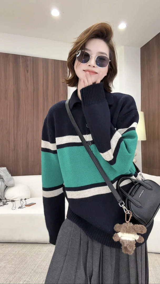 月月 2025秋冬新款小众设计极简风撞色套头毛衣针织衫 2511C7636
