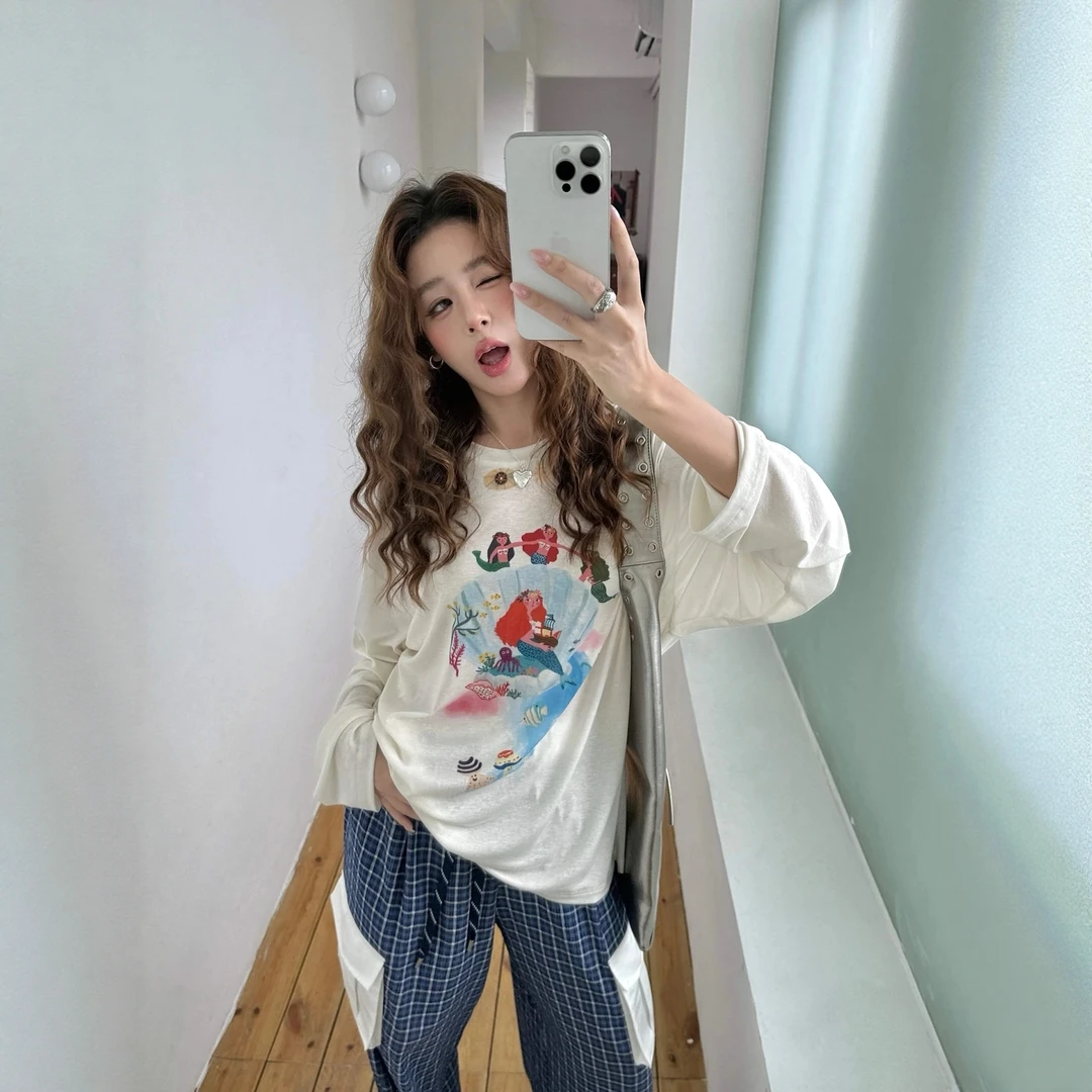 现货【美人鱼长袖面膜T】25早秋小众设计美人鱼洋气气质趣味圆领
