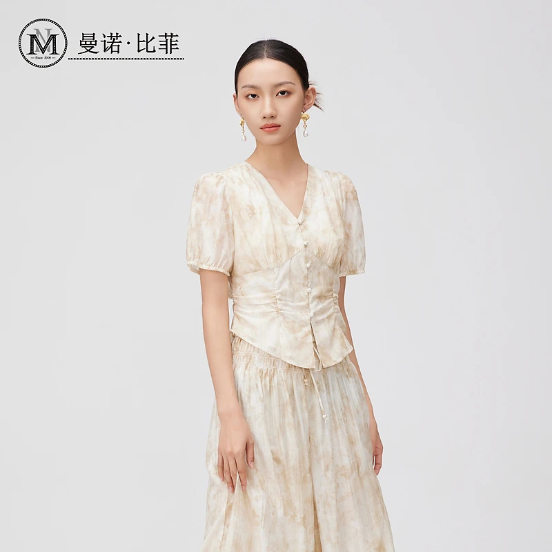 法式温柔碎花v领短袖衬衫MFHS123277