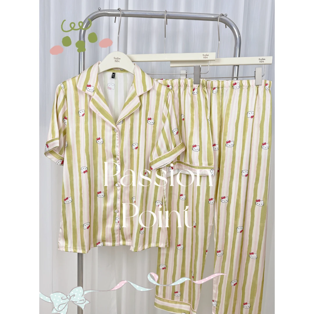 PassionPoint西瓜KT软缎三件套睡衣卡通条纹薄款套装家居服夏季