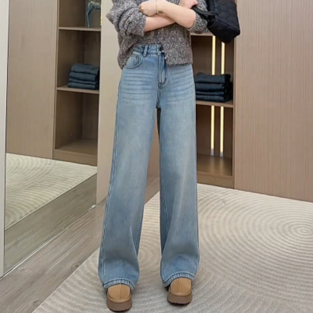 浅蓝色加绒加厚阔腿牛仔裤女冬季2025新款今年流行爆款窄版弯刀裤