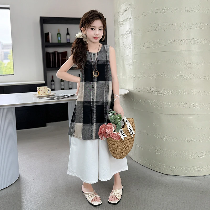 2025夏季新款童装连衣裙格子纽扣设计时尚潮流气质甜美可爱范百搭