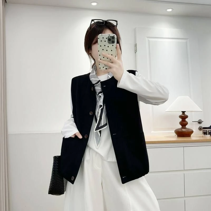 大码胖MM200斤新款秋韩系简约口袋马夹叠穿百搭显瘦坎肩马甲外套