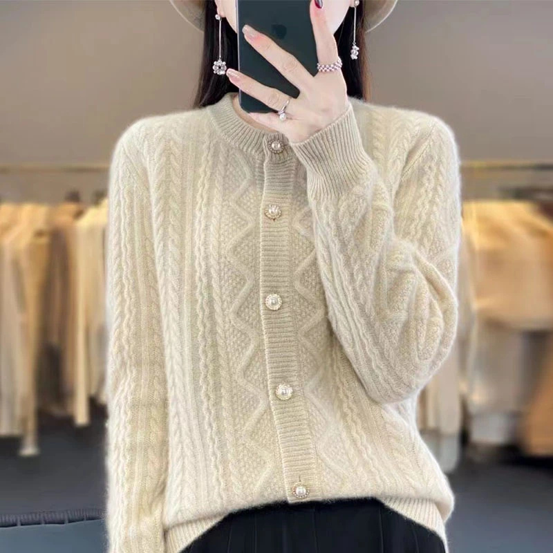 精纺羊毛~重工加厚款~复古麻花长袖针织开衫圆领毛衣外搭上衣062