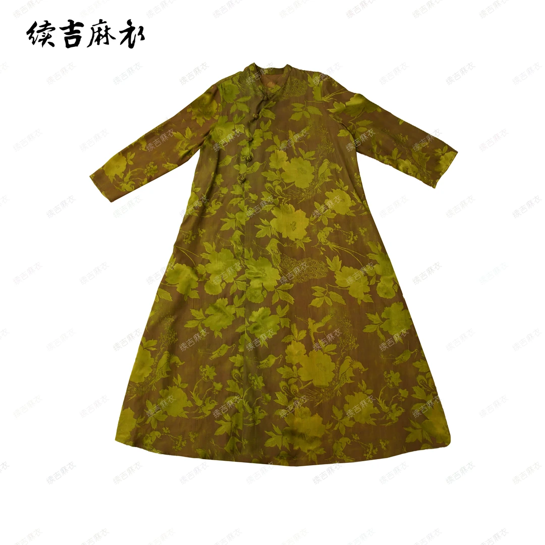 续吉麻衣春-25-127【绿意佳人】中式长袖斜襟盘扣改良旗袍大袍子