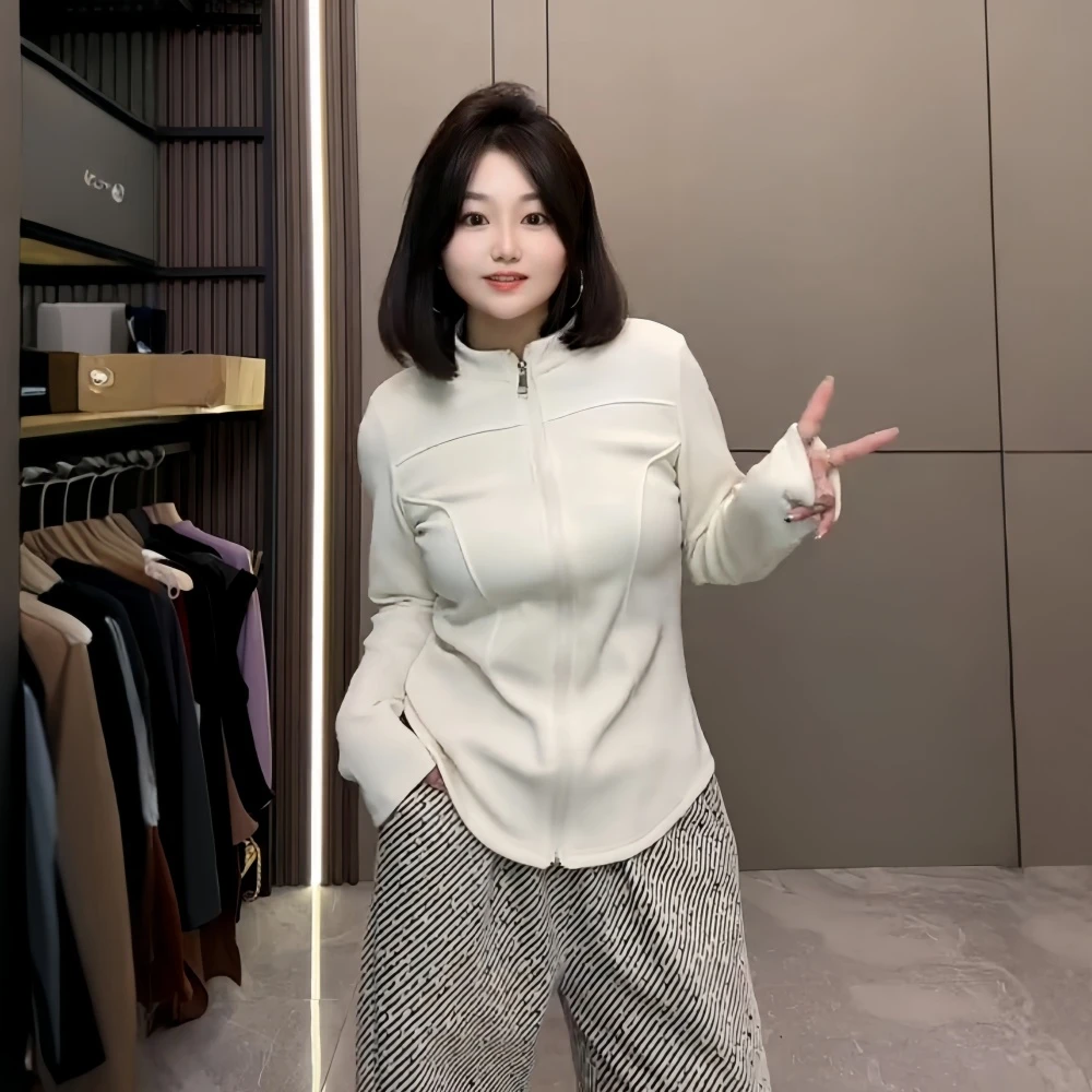 大码女装拉链立领加绒卫衣胖mm显瘦百搭休闲外套秋季通勤简约开衫