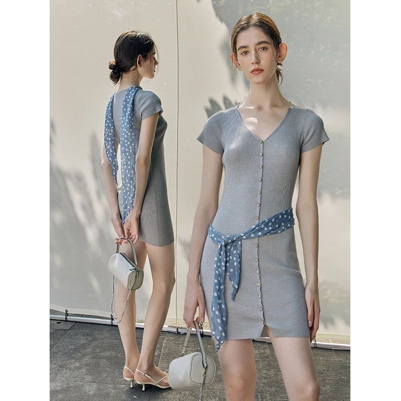 Mix Selection揽夏 天丝亚麻V领修身连衣裙夏法式轻奢MSBJQ0221