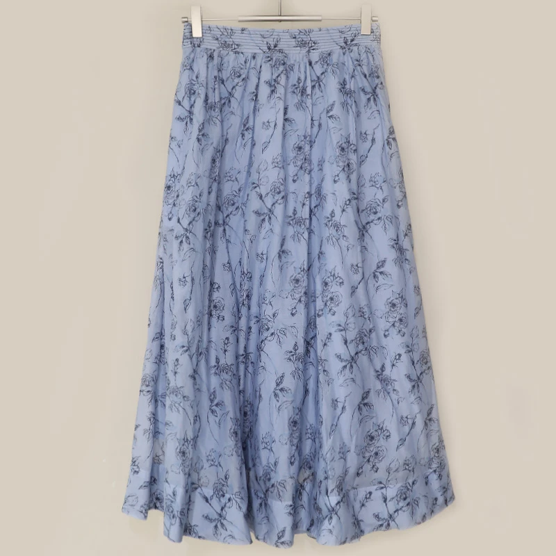 【灰蓝】清新优雅印花中长款显瘦A字裙时尚百搭休闲女士半身裙