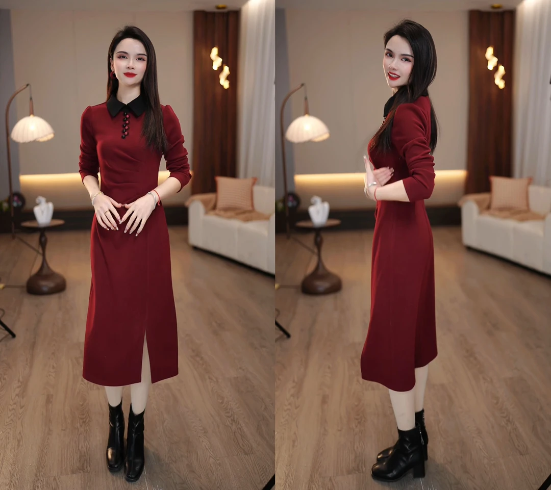 2024秋冬拼色翻领红色珠子活力减龄修身开叉中长款连衣裙M-4XL