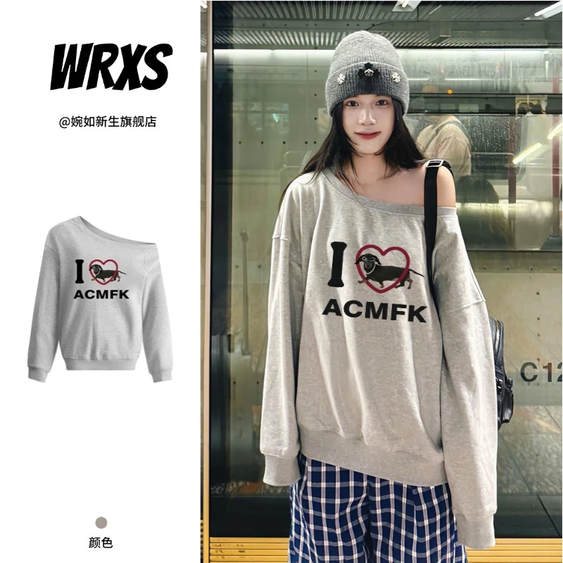 【婉如新生】美式复古卡通小狗印花卫衣女秋冬宽松斜肩膀情侣长袖