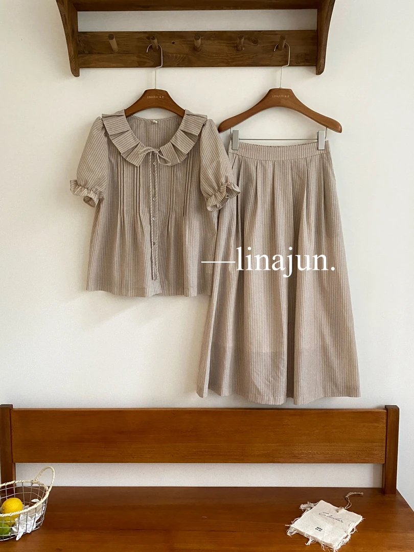 5.27《夏禾》阿俊自制法式复古荷叶领压褶绑带条纹衬衫半身裙两件套