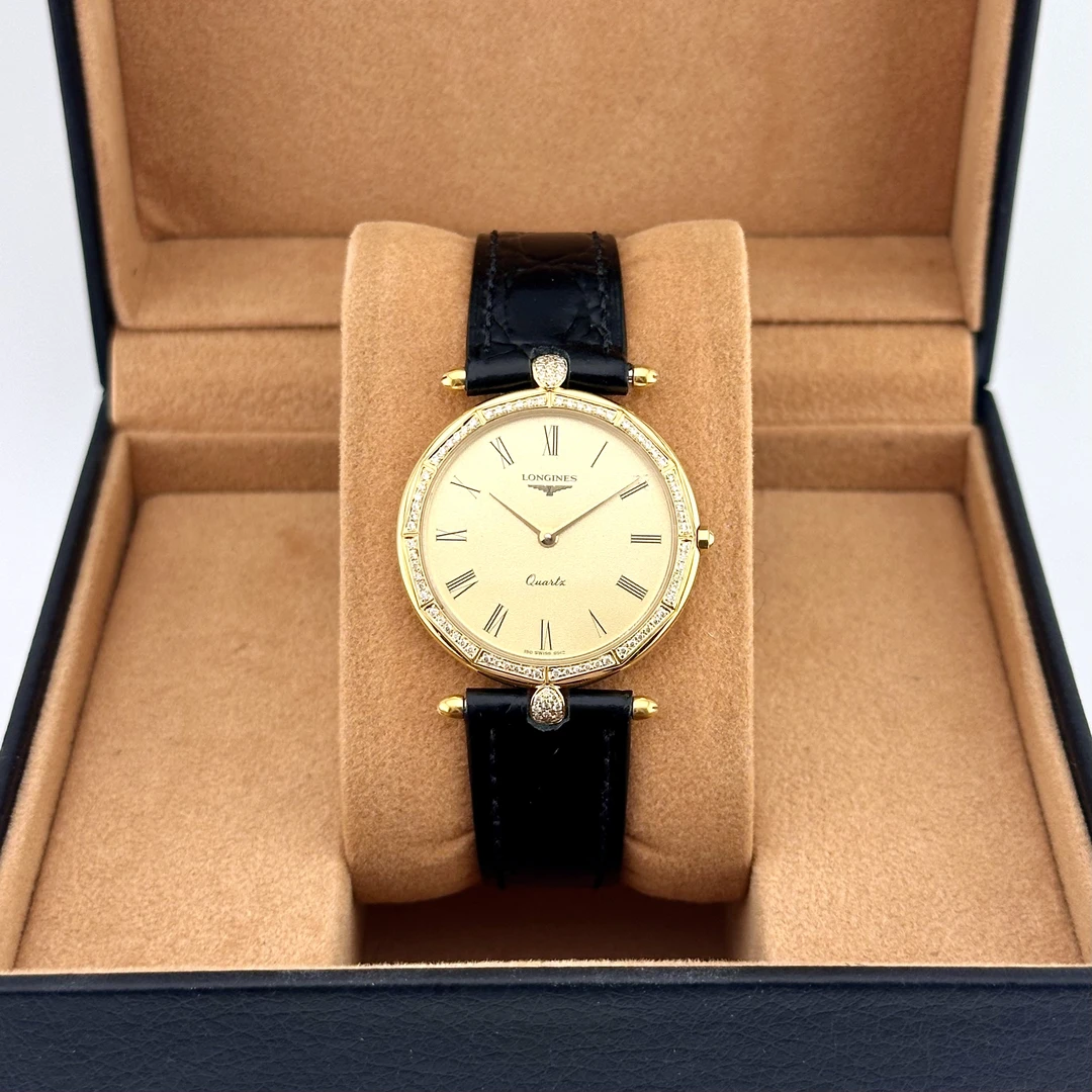 95新 Longines/浪琴 浪琴经典薄款镶钻黑金罗马刻度石英中性名表