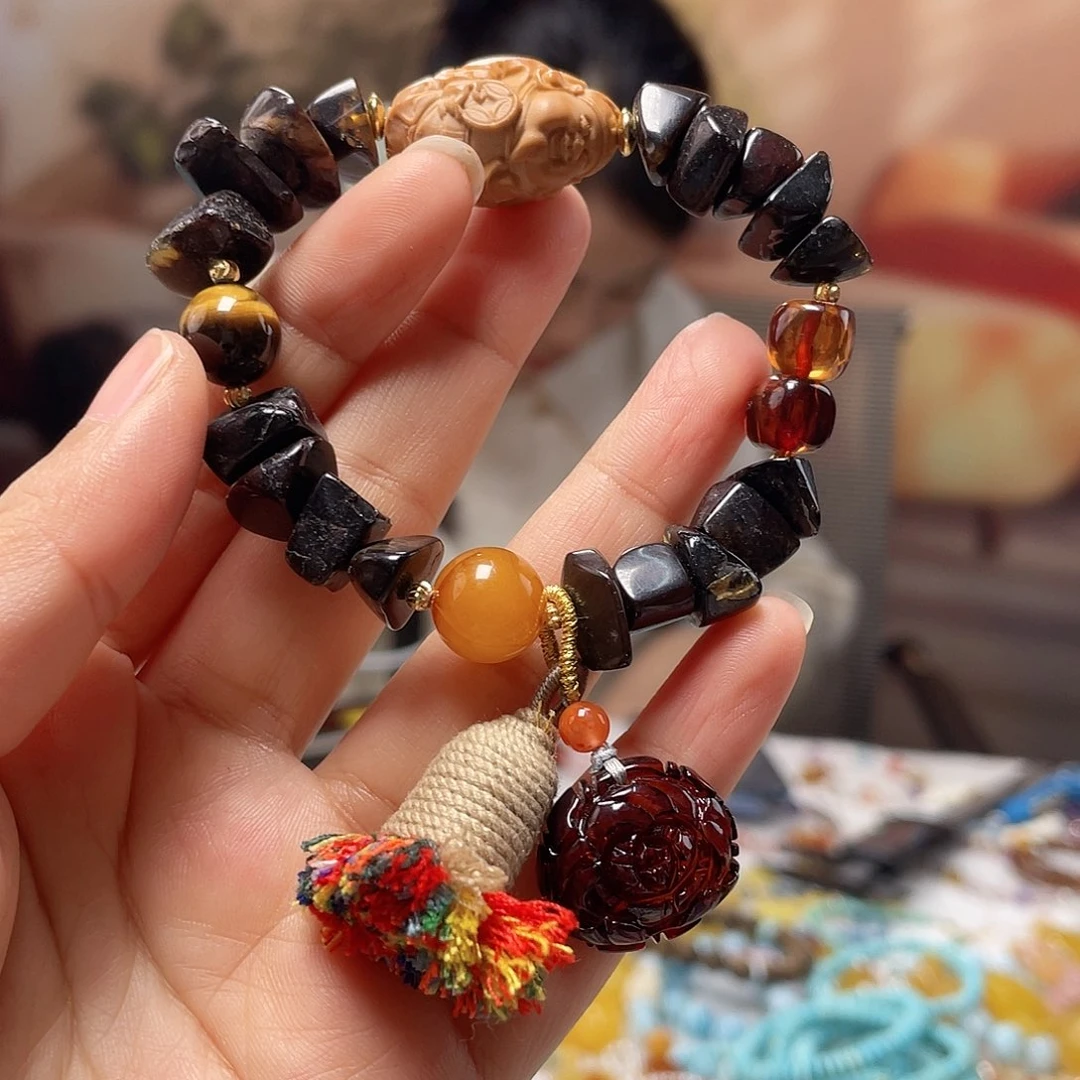 琥珀未镶嵌裸石手串微瑕