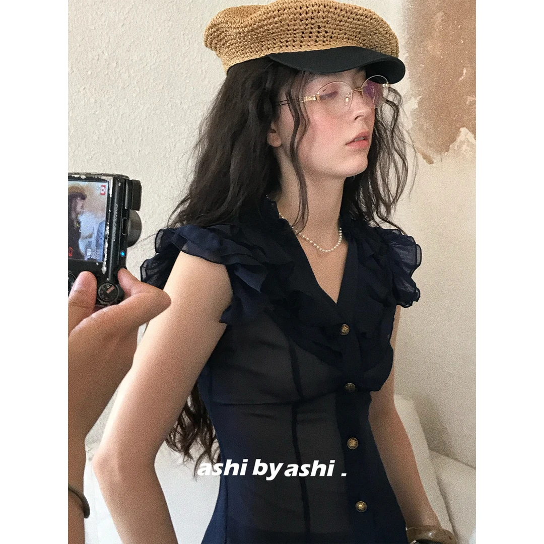 大于诗集 摇篮曲法式小众V领木耳边微透雪纺衫女设计感小飞袖上衣