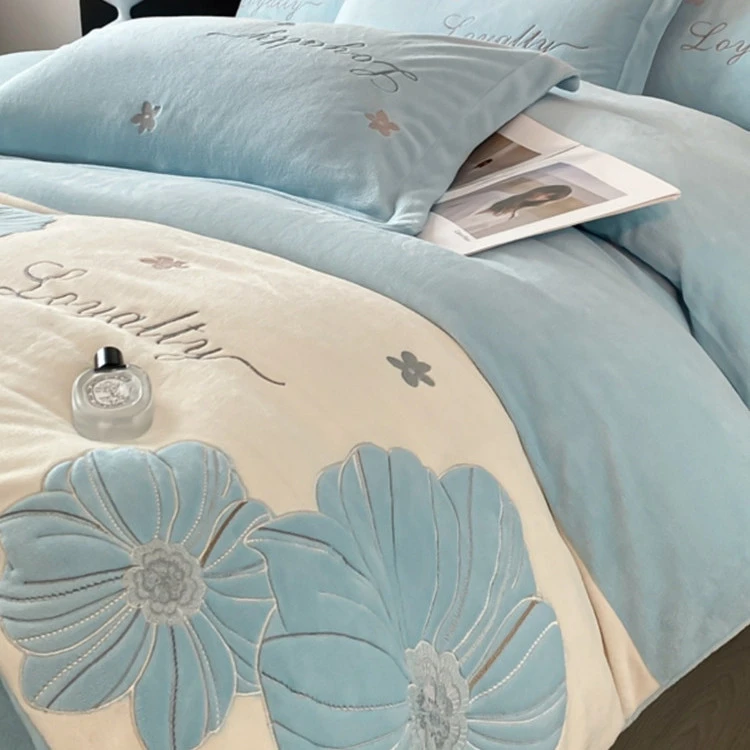 2025新款冬季保暖牛奶绒刺绣四件套珊瑚绒床单加厚法莱绒被套床品