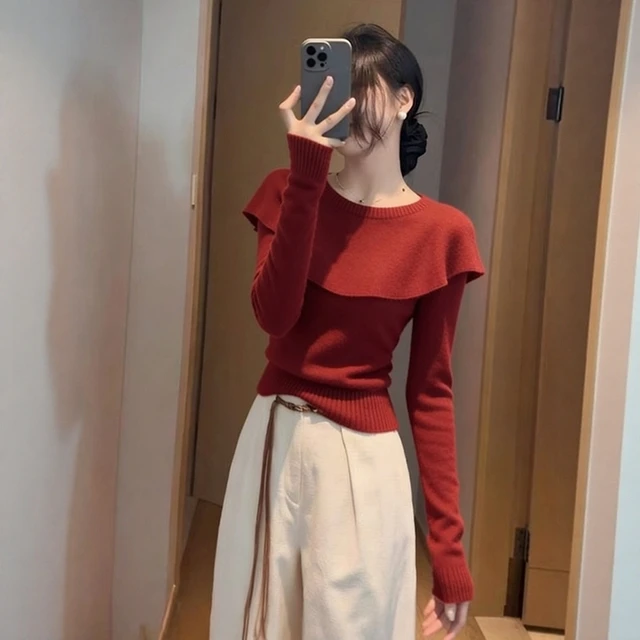 复古红色荷叶边长袖针织衫女秋冬修身显瘦设计感小众气质短款上衣