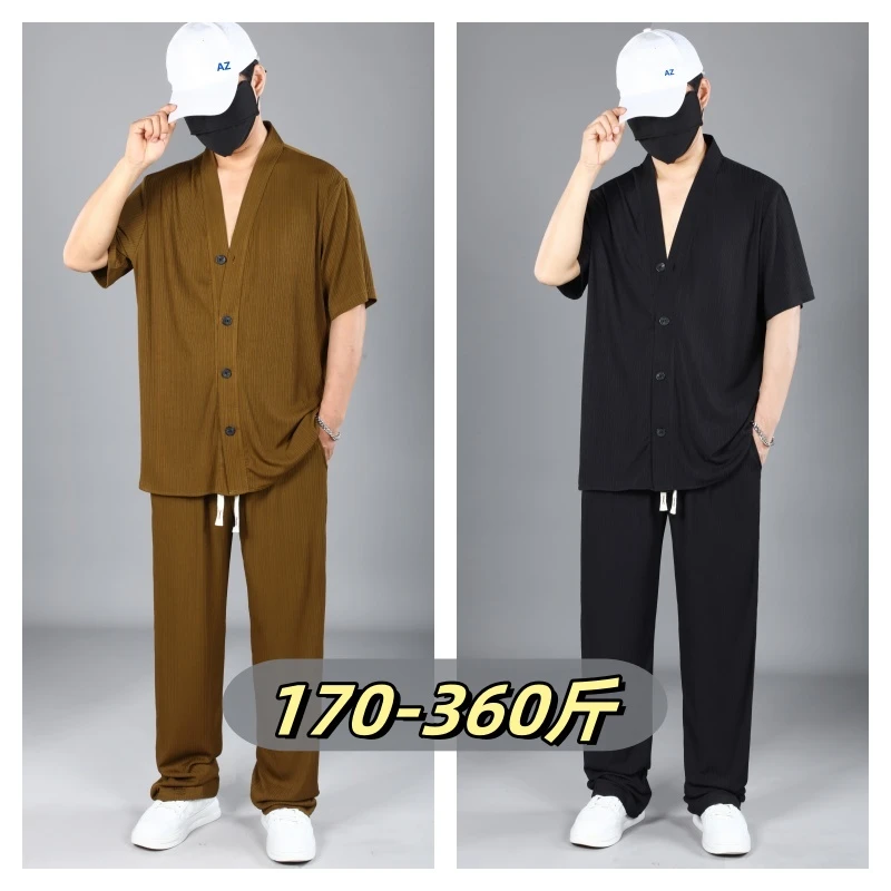 350斤2025新款大码短袖套装V领加肥加大短袖衬衫休闲两件套直筒裤